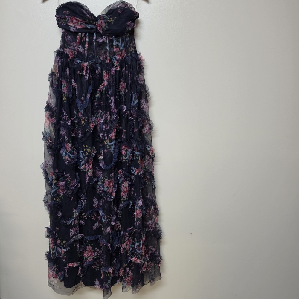 Faeriesty Womens Navy Floral Mesh Ruffled Corset Strapless Maxi Dress Sz L - Picture 2 of 10